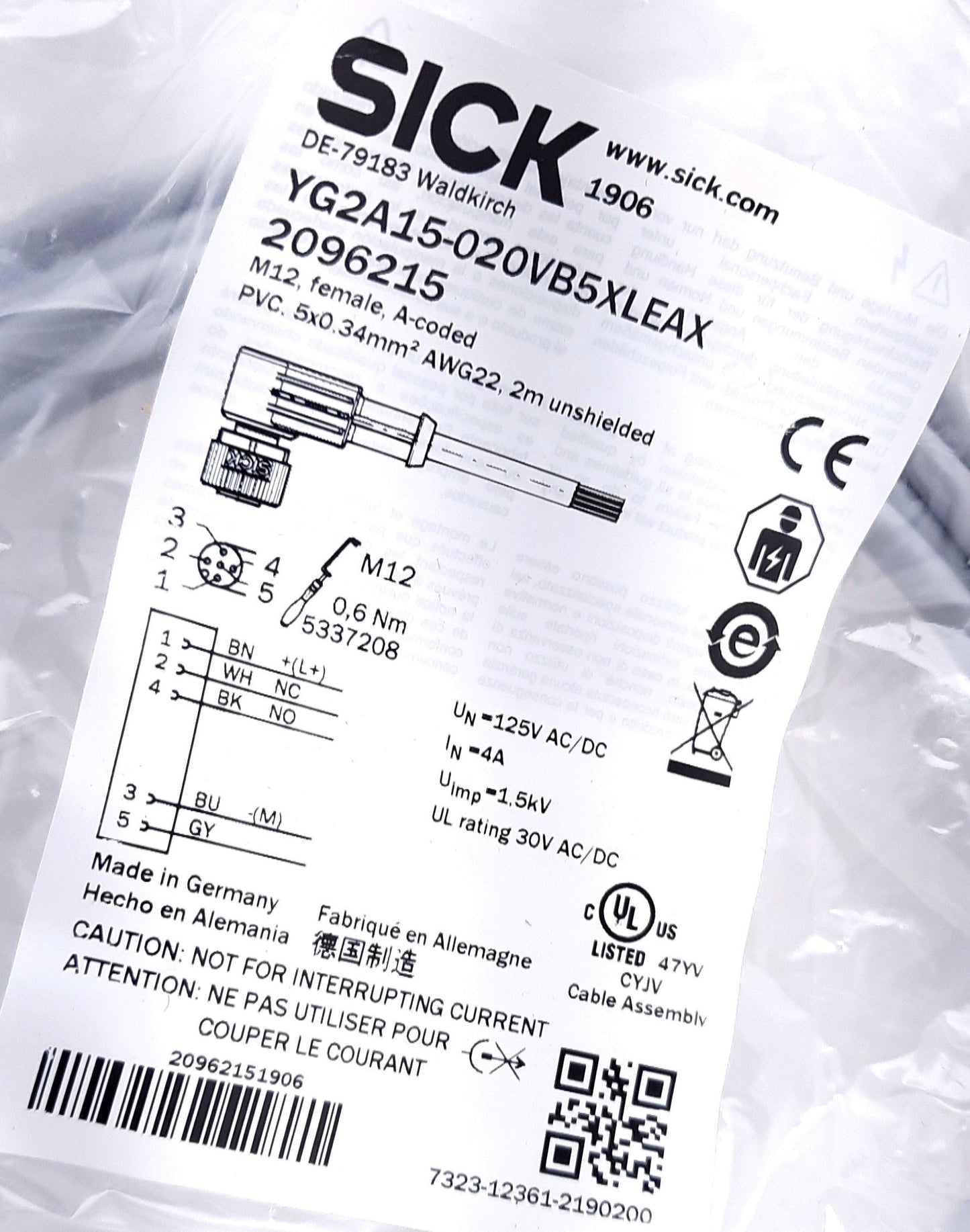 New Sick YG2A15-020VB5XLEAX Sensor Actuator Cable Angled M12 Female to Wire Leads