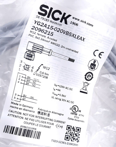 New Sick YG2A15-020VB5XLEAX Sensor Actuator Cable Angled M12 Female to Wire Leads