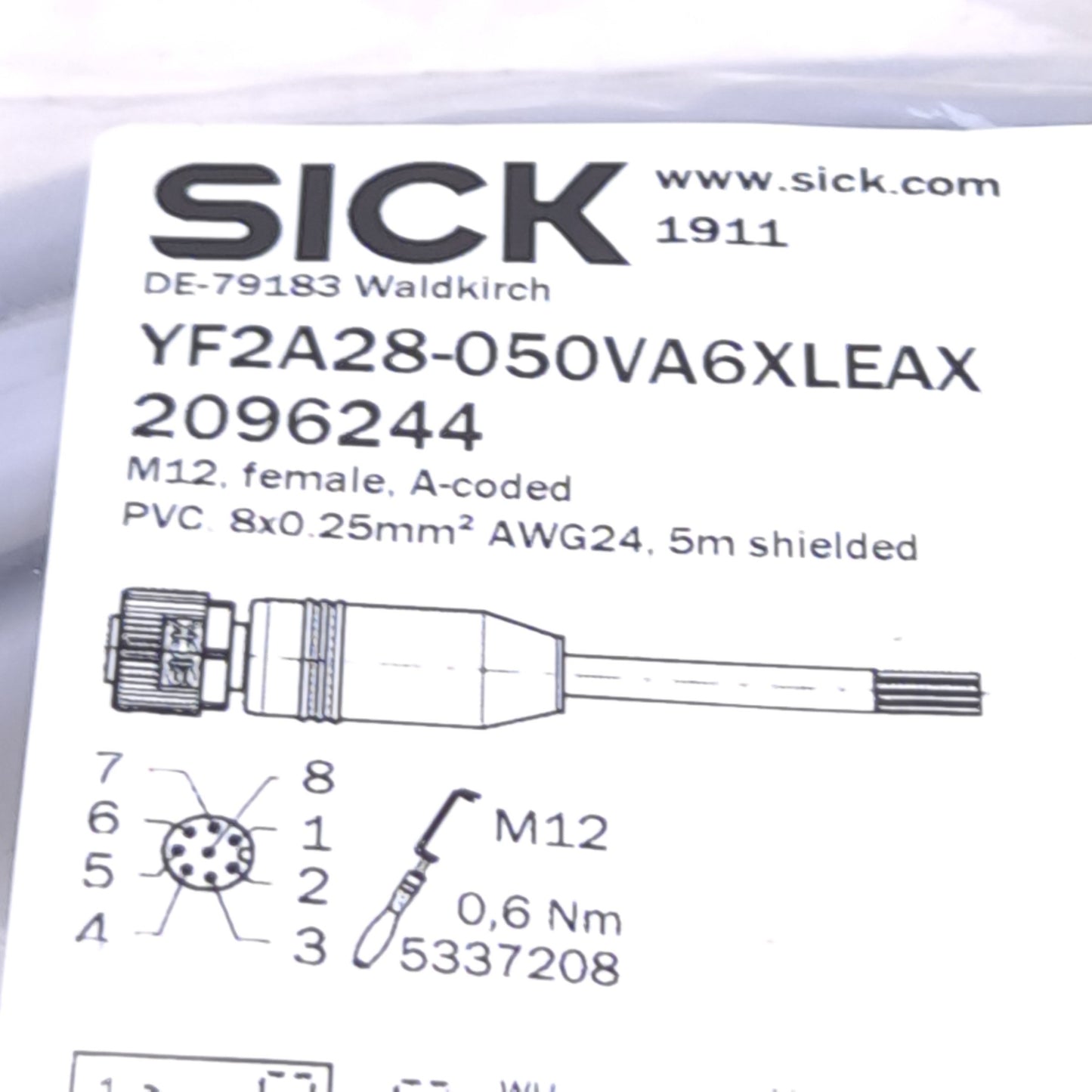 New SICK YF2A28-050VA6XLEAX 2096244 Cable, M12 8-Pin Female to Flying Leads, 5m