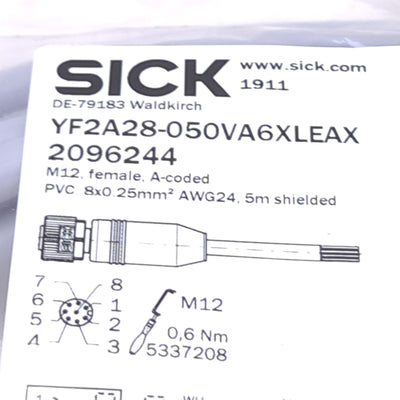 New SICK YF2A28-050VA6XLEAX 2096244 Cable, M12 8-Pin Female to Flying Leads, 5m
