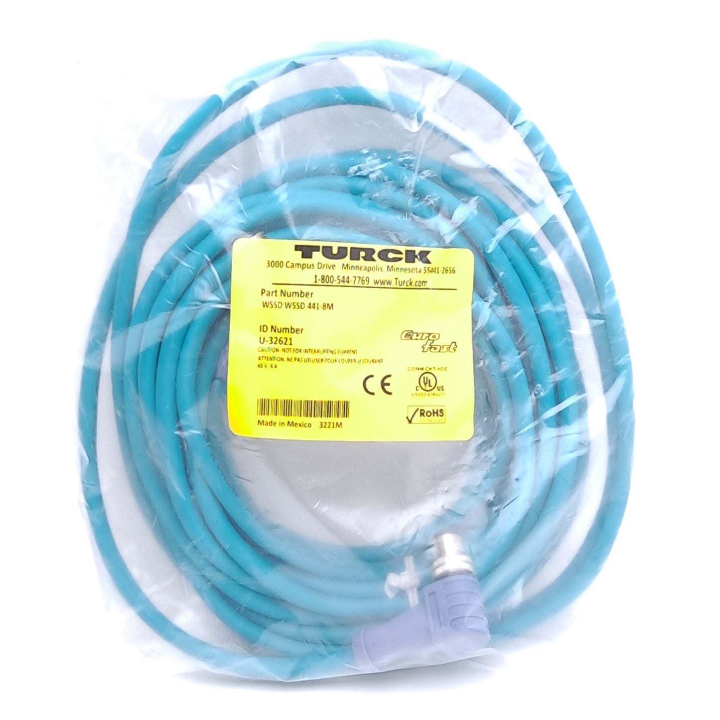 New Turck WSSD WSSD 441-8M U-32621 Cable, 2x Right Angle M12 4-Pin Male, 8m Length
