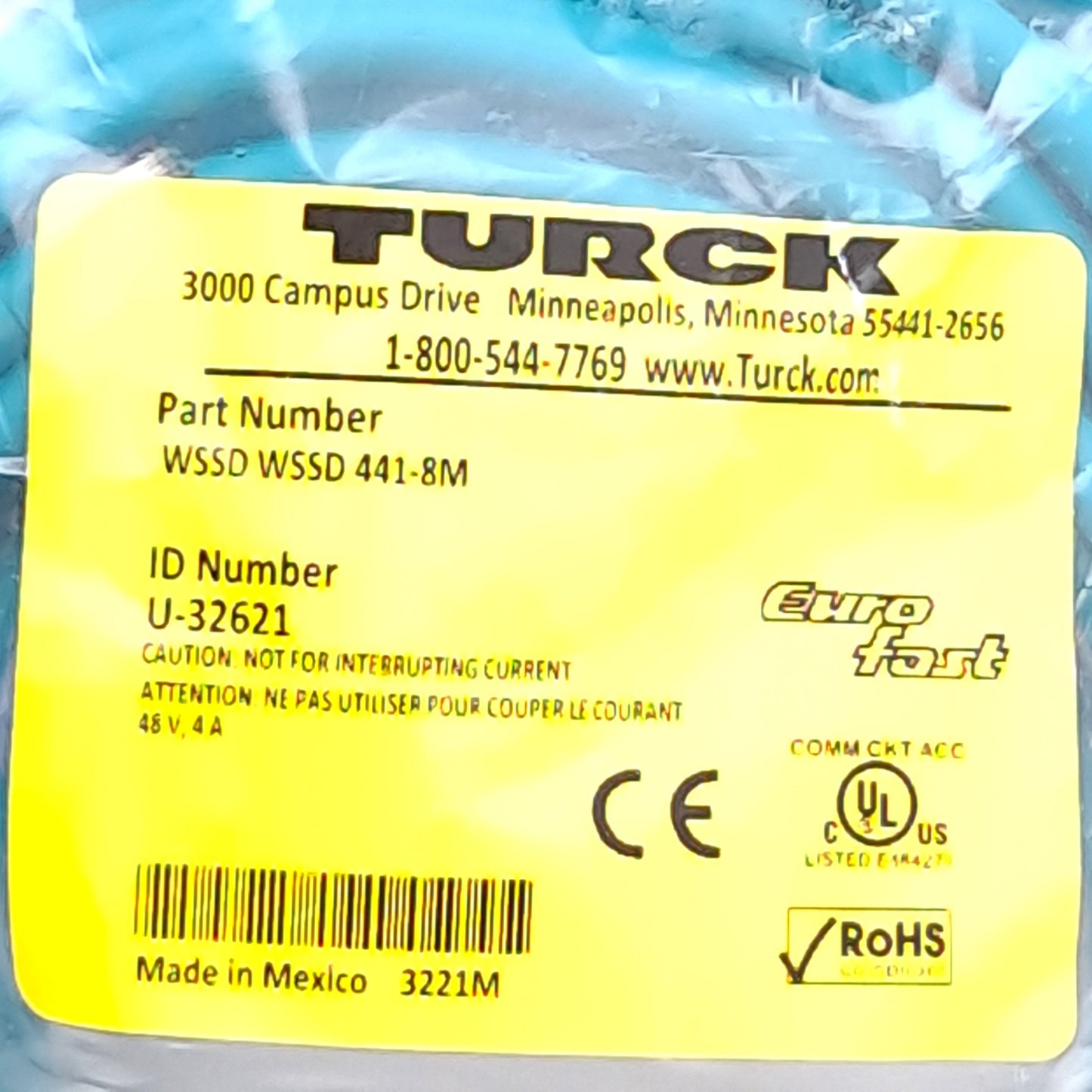 New Turck WSSD WSSD 441-8M U-32621 Cable, 2x Right Angle M12 4-Pin Male, 8m Length