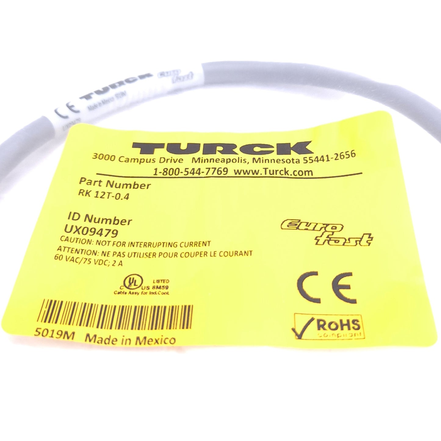 New Turck RK 12T-0.4 UX09479 Cordset, M12 12-Pin Female to Flying Leads, 0.4m Length