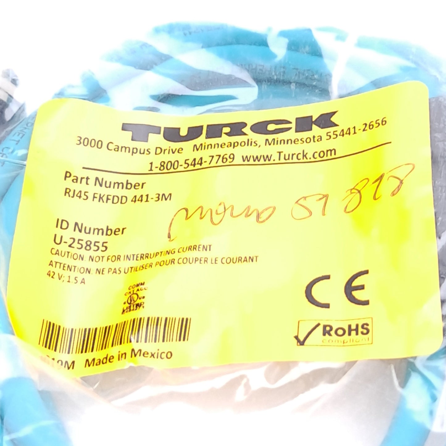 New Turck RJ45 FKFDD 441-3M U-25855 Ethernet Cordset, RJ45 Male to M12 4-Pin Female