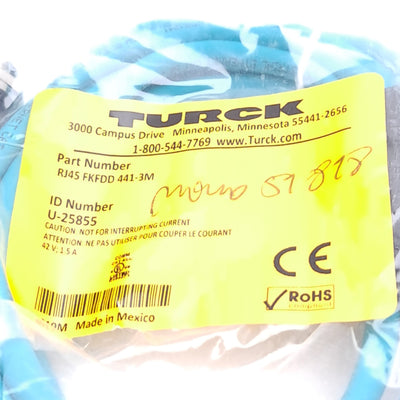 New Turck RJ45 FKFDD 441-3M U-25855 Ethernet Cordset, RJ45 Male to M12 4-Pin Female