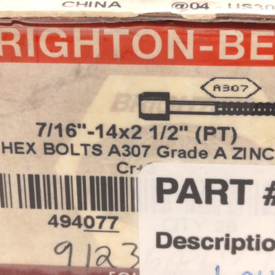New Lot of 50 Brighton-Best 7/16"-14x2 1/2" (PT) Hex Head Bolts, 7/16"-14 Thread
