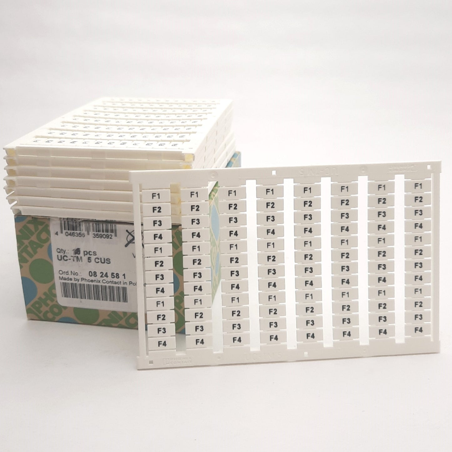 New – Open box Lot of 8 Phoenix Contact UC-TM 5 CUS Terminal Block Sheets, Marking: "F1-F4"