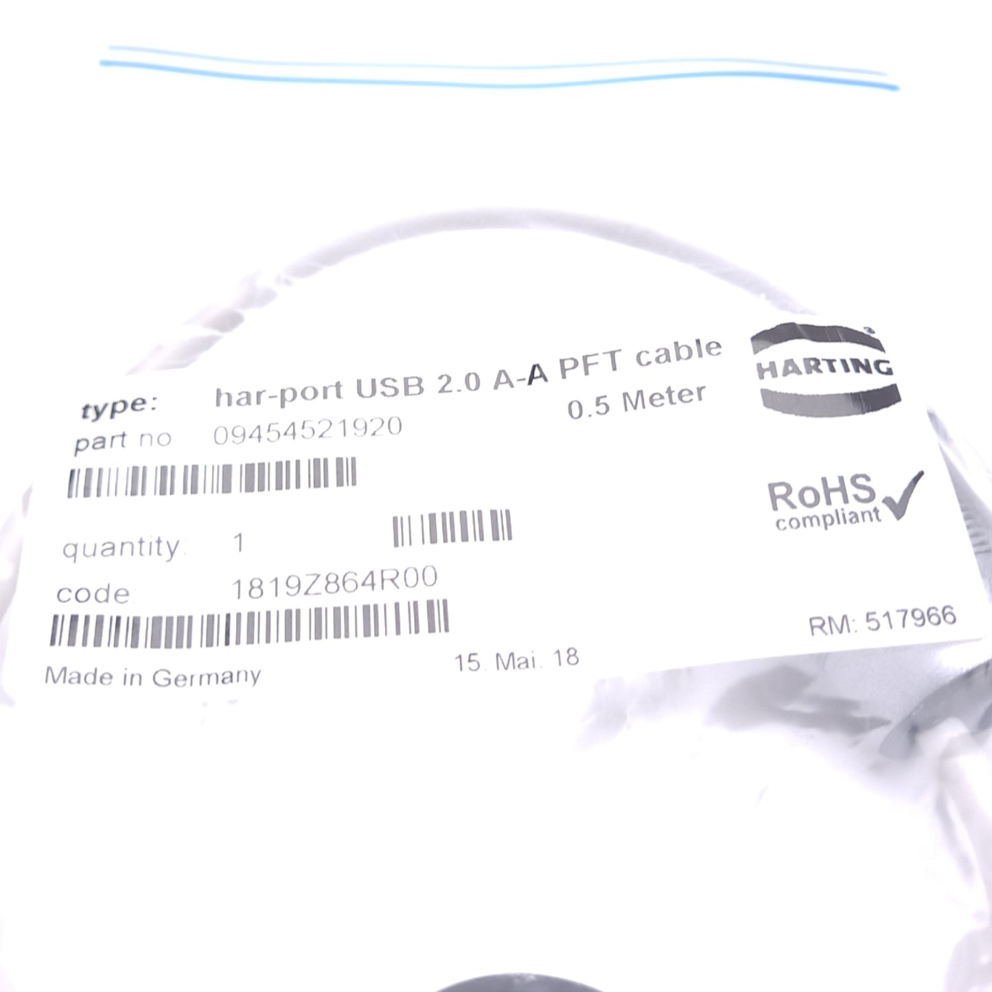 New Harting 09454521920 Har-Port Cable, USB 2.0 Type A Male to Female, 0.5m Length