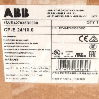 New ABB CP-E 24/10.0 Switching Mode Power Supply 115/230VAC Input, 24VDC 10A Output