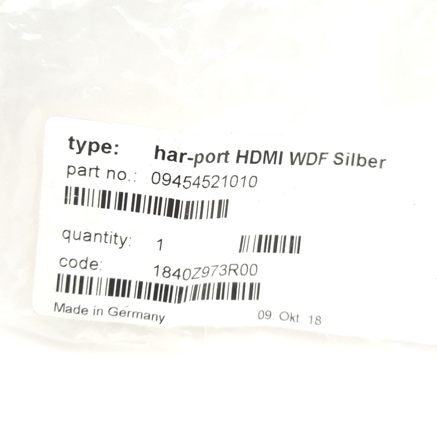 New Harting 19454521010 Har-Port HDMI WDF Silber, HDMI Feed Through Receptacle, Male