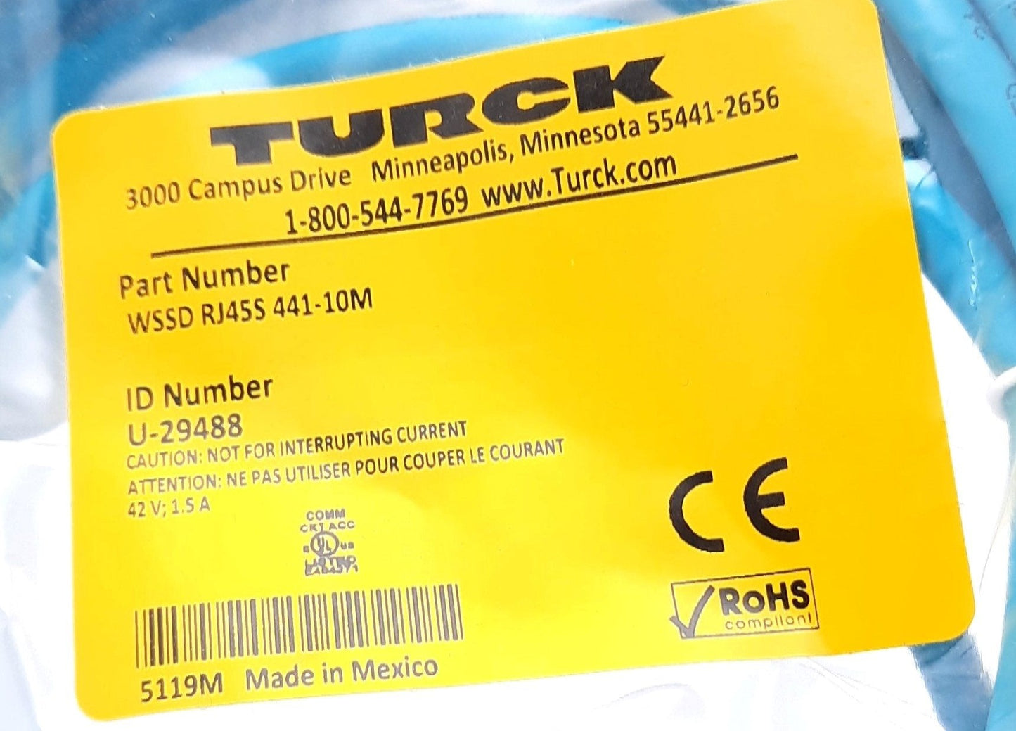 New Turck WSSD RJ45S 441-10M Cordset Ethernet RJ45 to 4 Pin M12 Male Right Angle