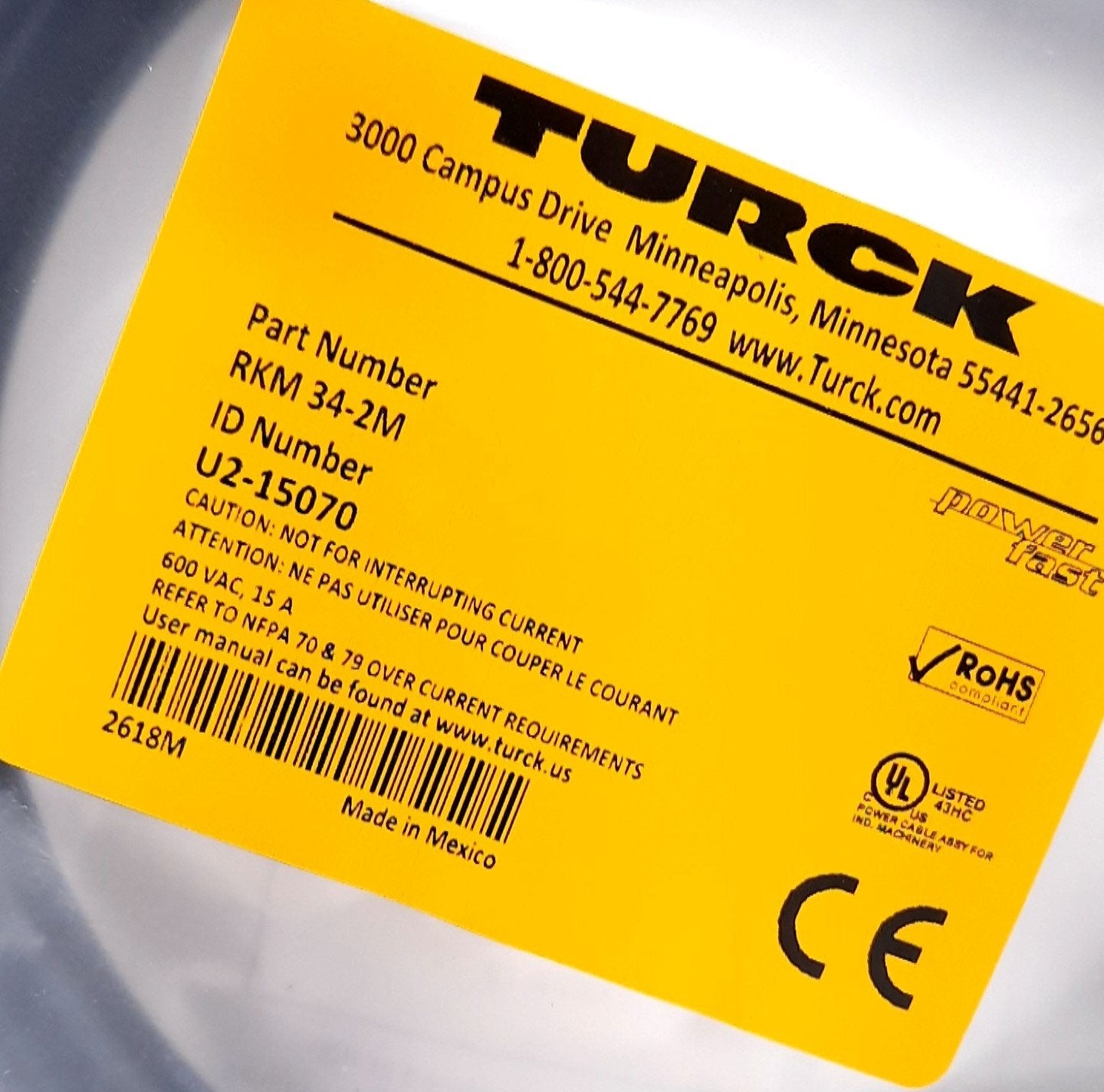 New Turck RKM 34-2M Cordset, A, Straight Female 3 Pin 600V, 15A, 14AWG, 7/8-16