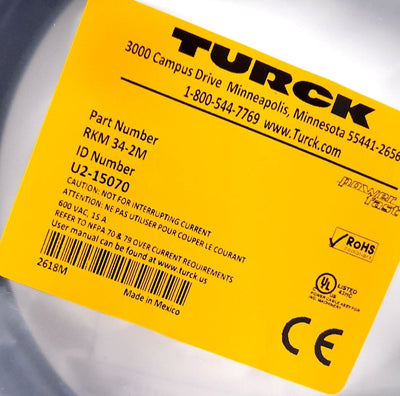 New Turck RKM 34-2M Cordset, A, Straight Female 3 Pin 600V, 15A, 14AWG, 7/8-16