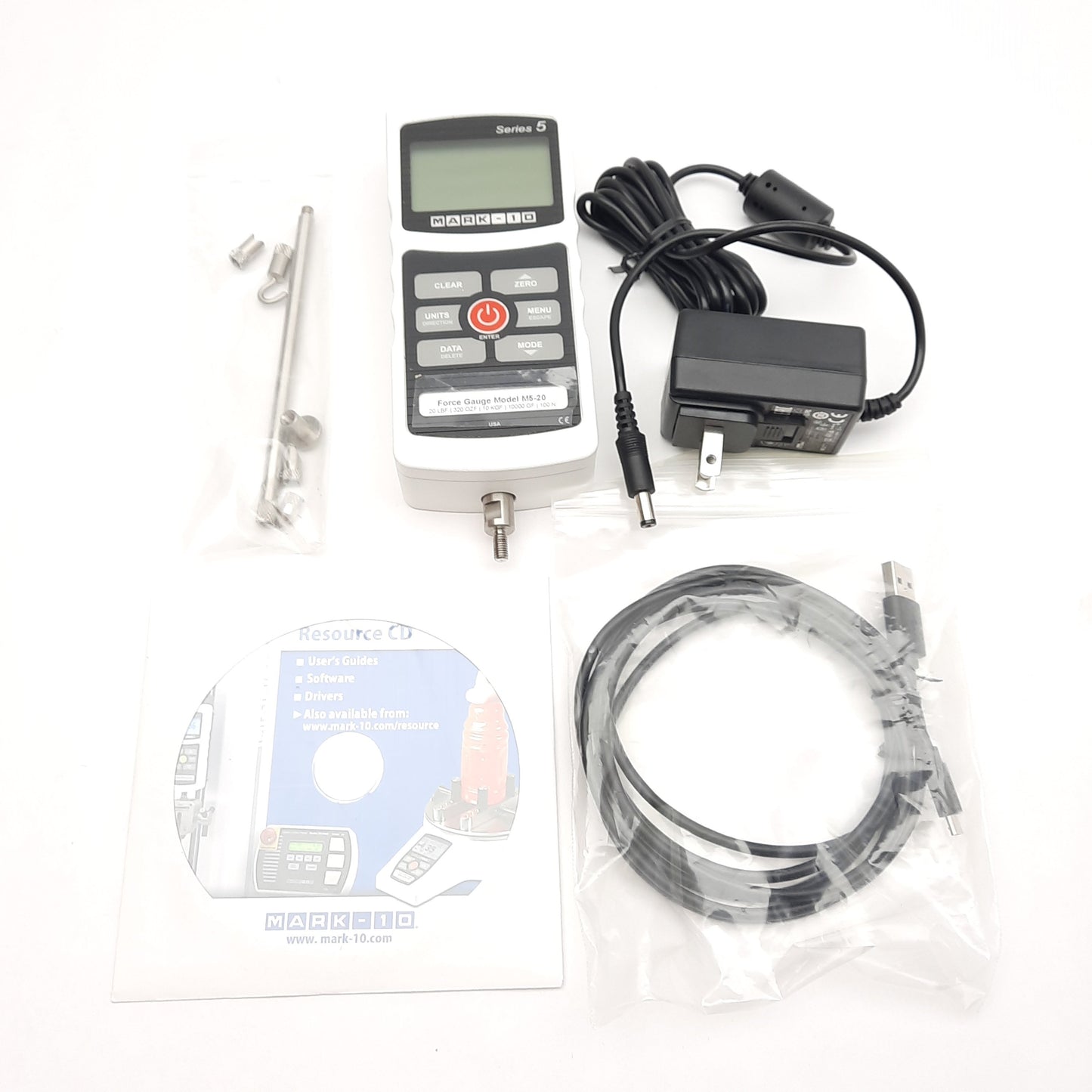 Used Mark-10 M5-20 Digital Force Gauge, 20LBF Capacity, D-Sub 15 RS-232, USB-B, 12VDC