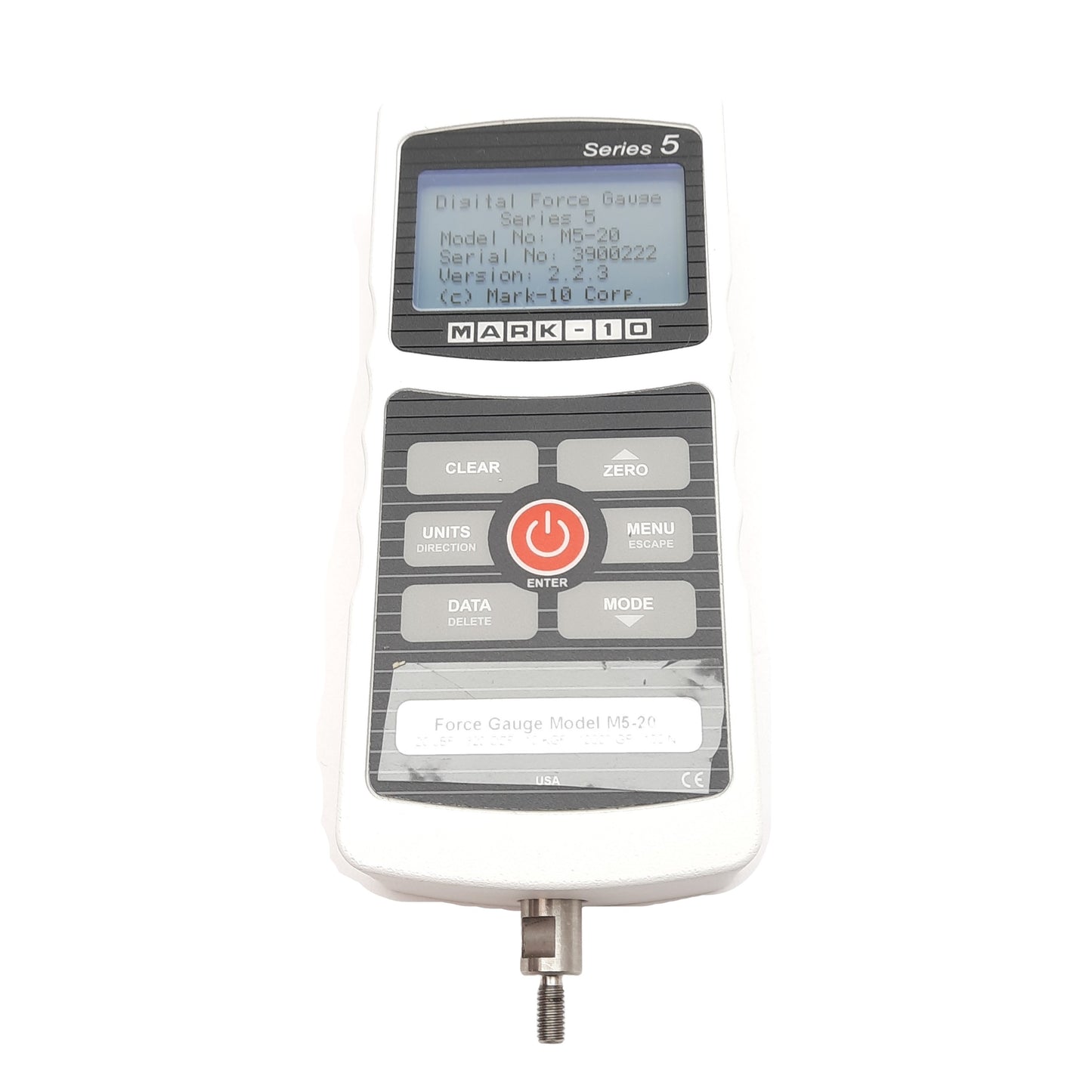 Used Mark-10 M5-20 Digital Force Gauge, 20LBF Capacity, D-Sub 15 RS-232, USB-B, 12VDC