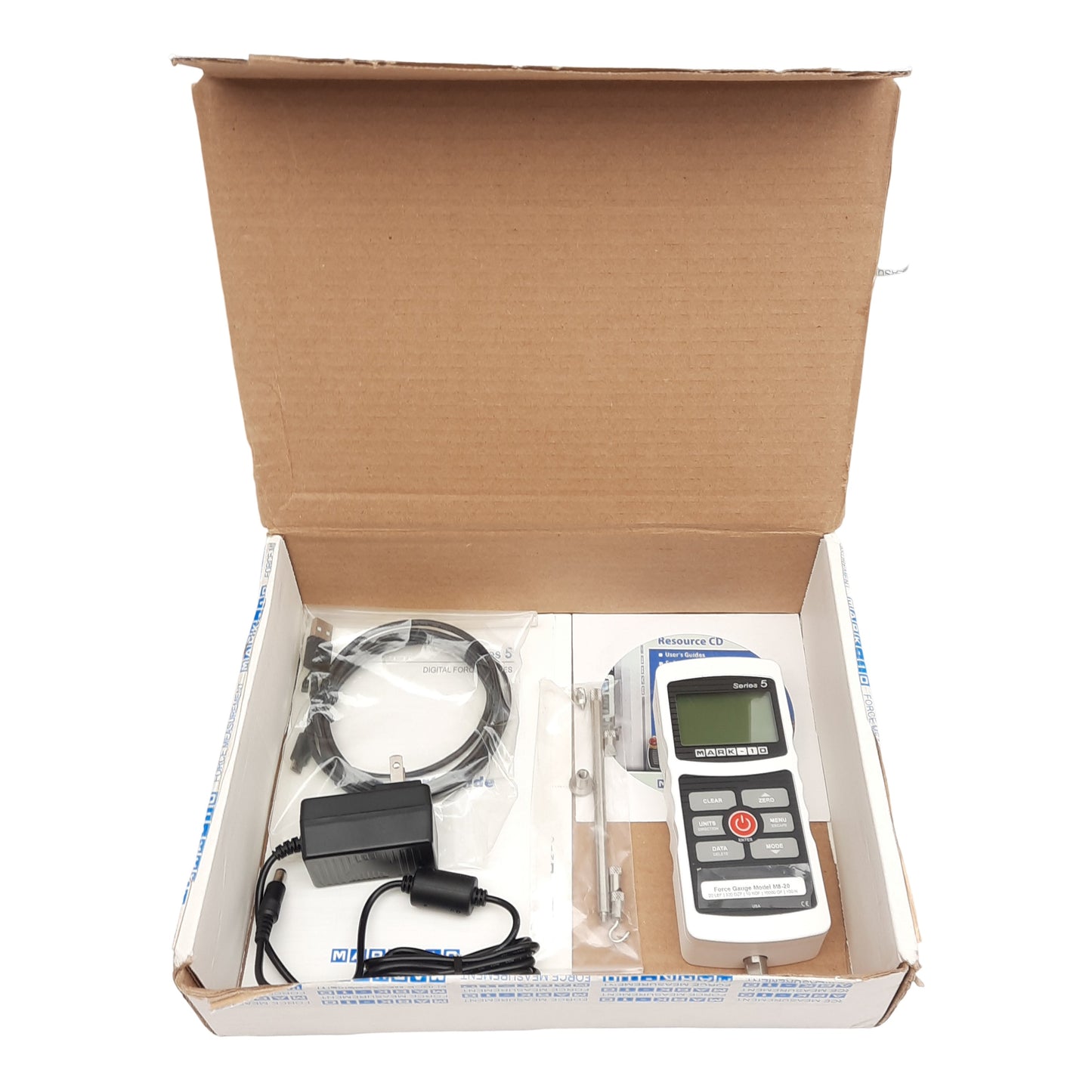 Used Mark-10 M5-20 Digital Force Gauge, 20LBF Capacity, D-Sub 15 RS-232, USB-B, 12VDC