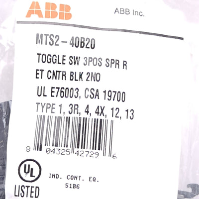 New ABB MTS2-40B-20 Toggle Switch, 3-Position, Momentary, 2x N.O. Aux Contact, 690V