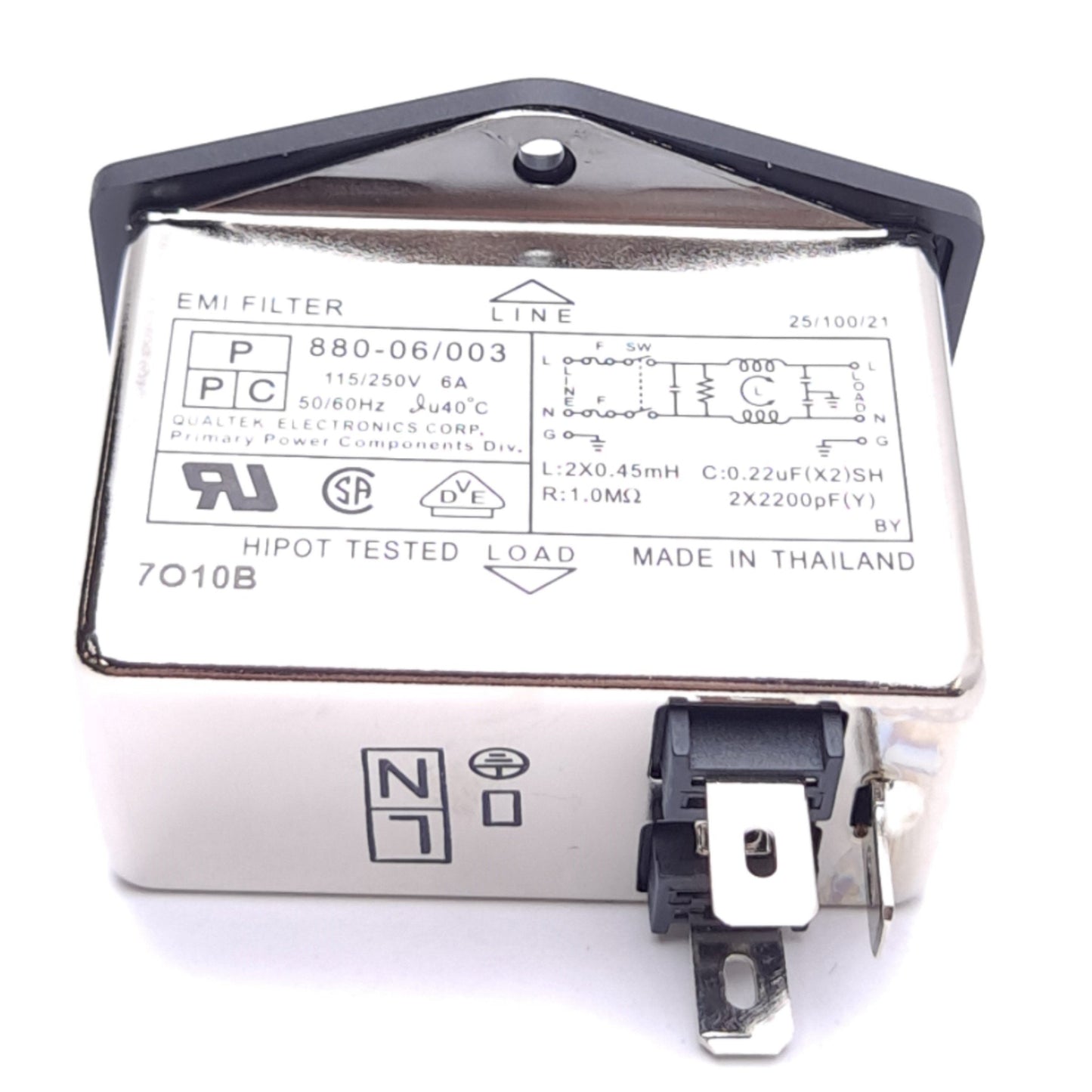 New – Open box Qualtek 880-06/003 Power Entry Module Dual Fuse Holder EMI Filter, 115/250VAC 6A