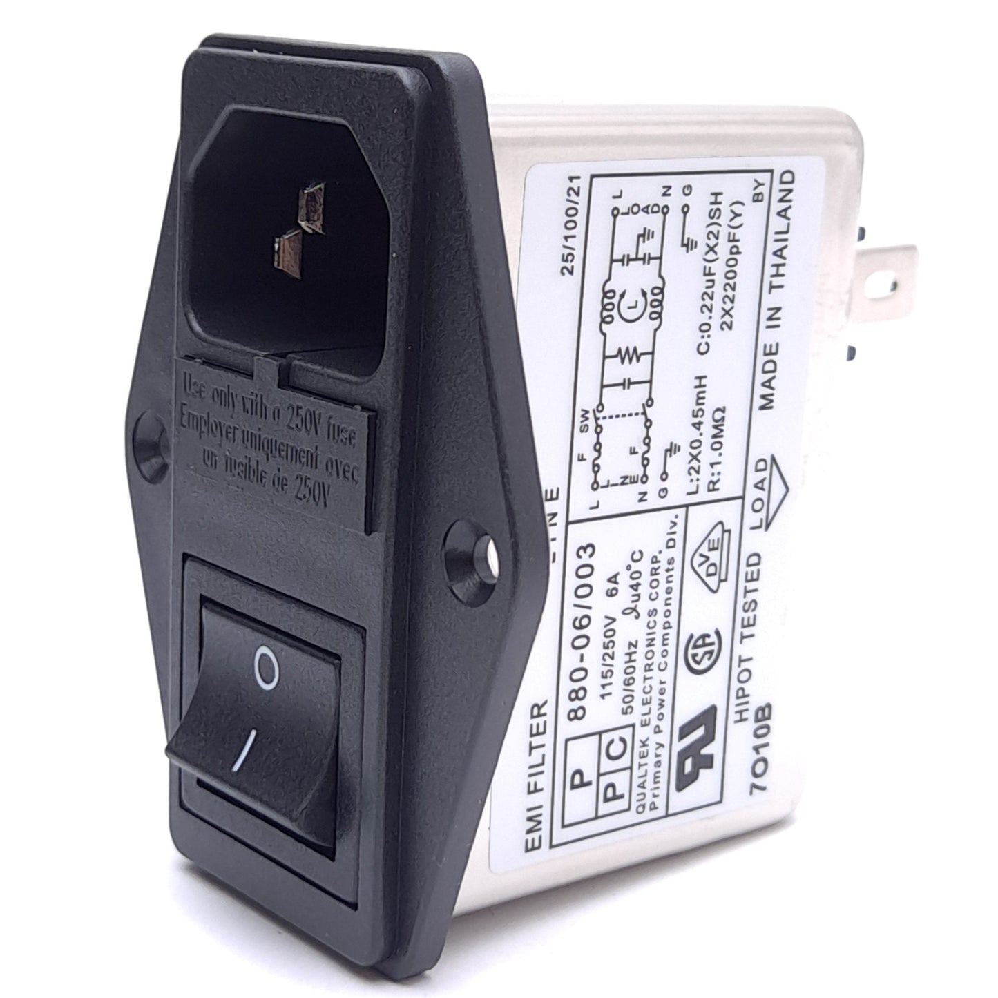 New – Open box Qualtek 880-06/003 Power Entry Module Dual Fuse Holder EMI Filter, 115/250VAC 6A