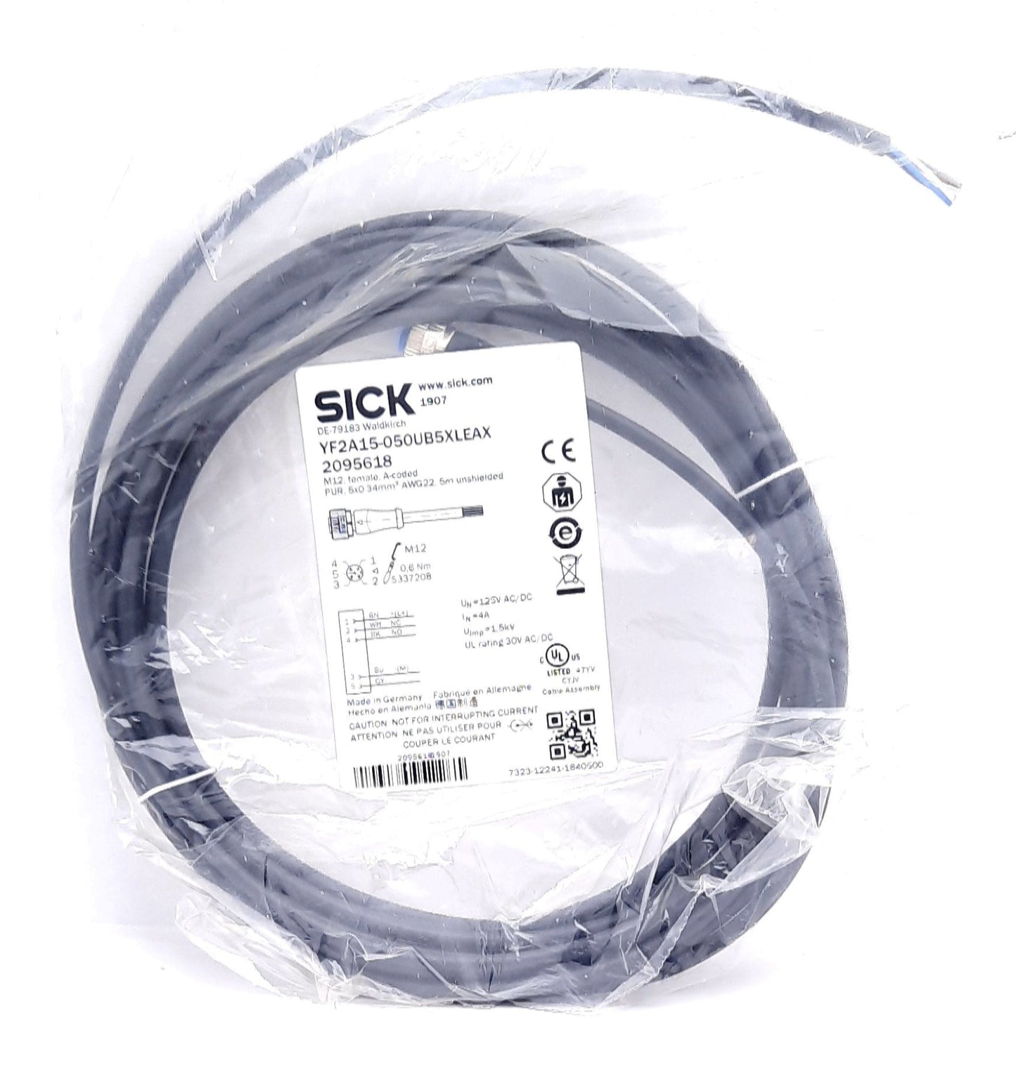 New Sick YF2A15-050UB5XLEAX Cable Cordset M12 5 Pin Female 125VAC/VDC 4A