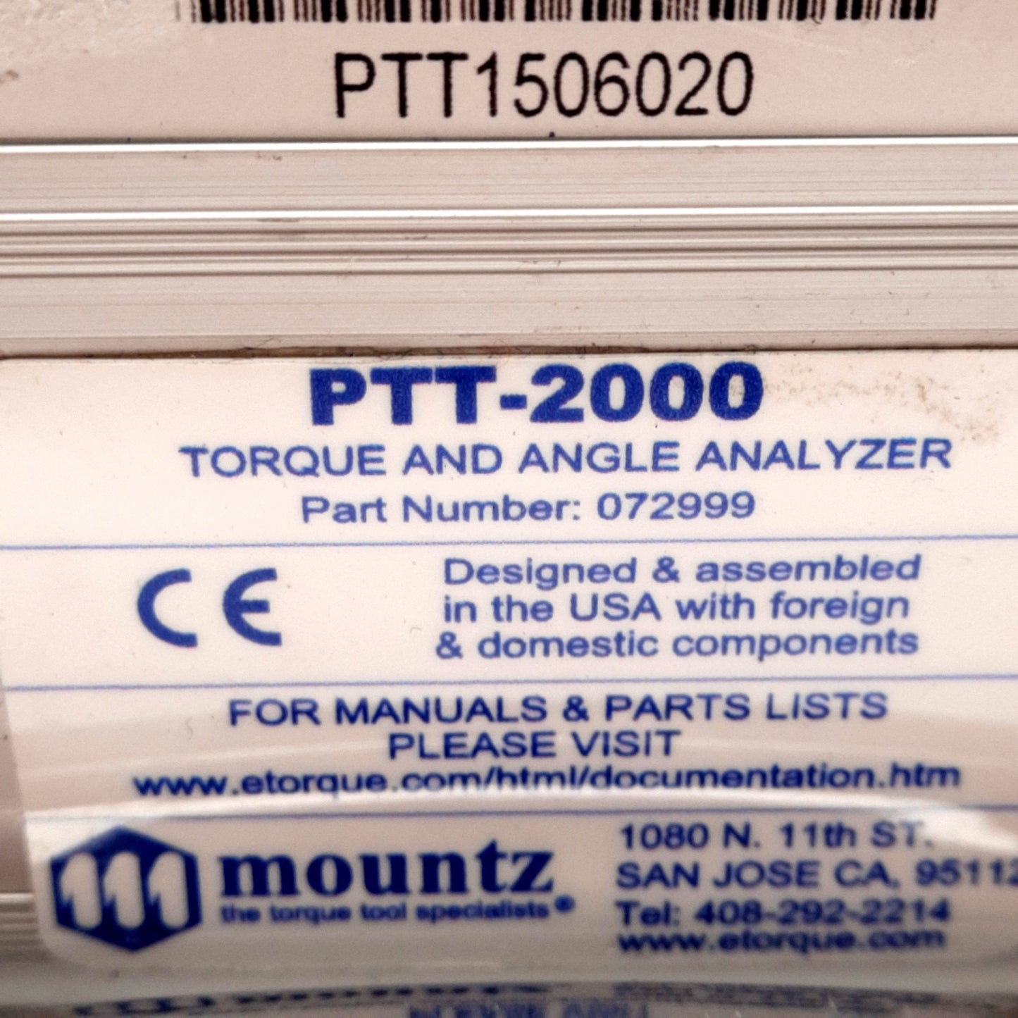 Used Mountz PTT-2000 Torque & Angle Analyzer, ±0.5-1.0%, D-Sub 15-Pin, USB-B, 10VDC
