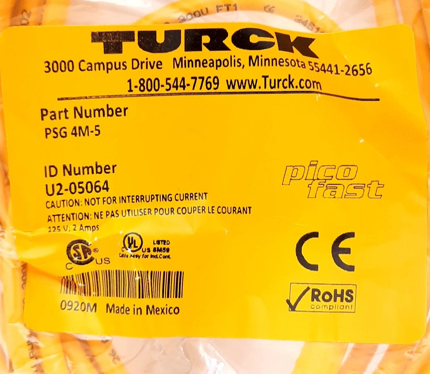 New Turck PSG 4M-5 Actuator and Sensor Cable Cordset 4 Pin M8 Male to Flying Leads