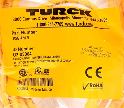 New Turck PSG 4M-5 Actuator and Sensor Cable Cordset 4 Pin M8 Male to Flying Leads