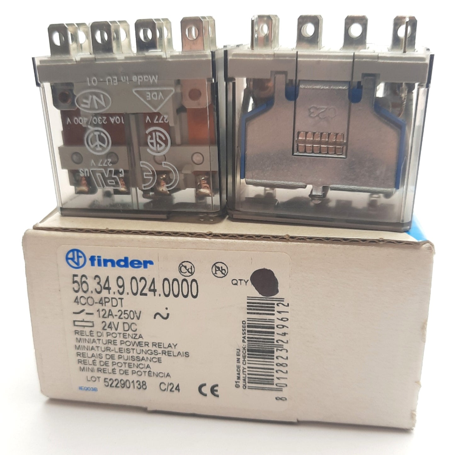 New – Open box Lot of 2 Finder 56.34.9.024.000 Relays 12A/250VAC 4PDT, 24VDC Coil