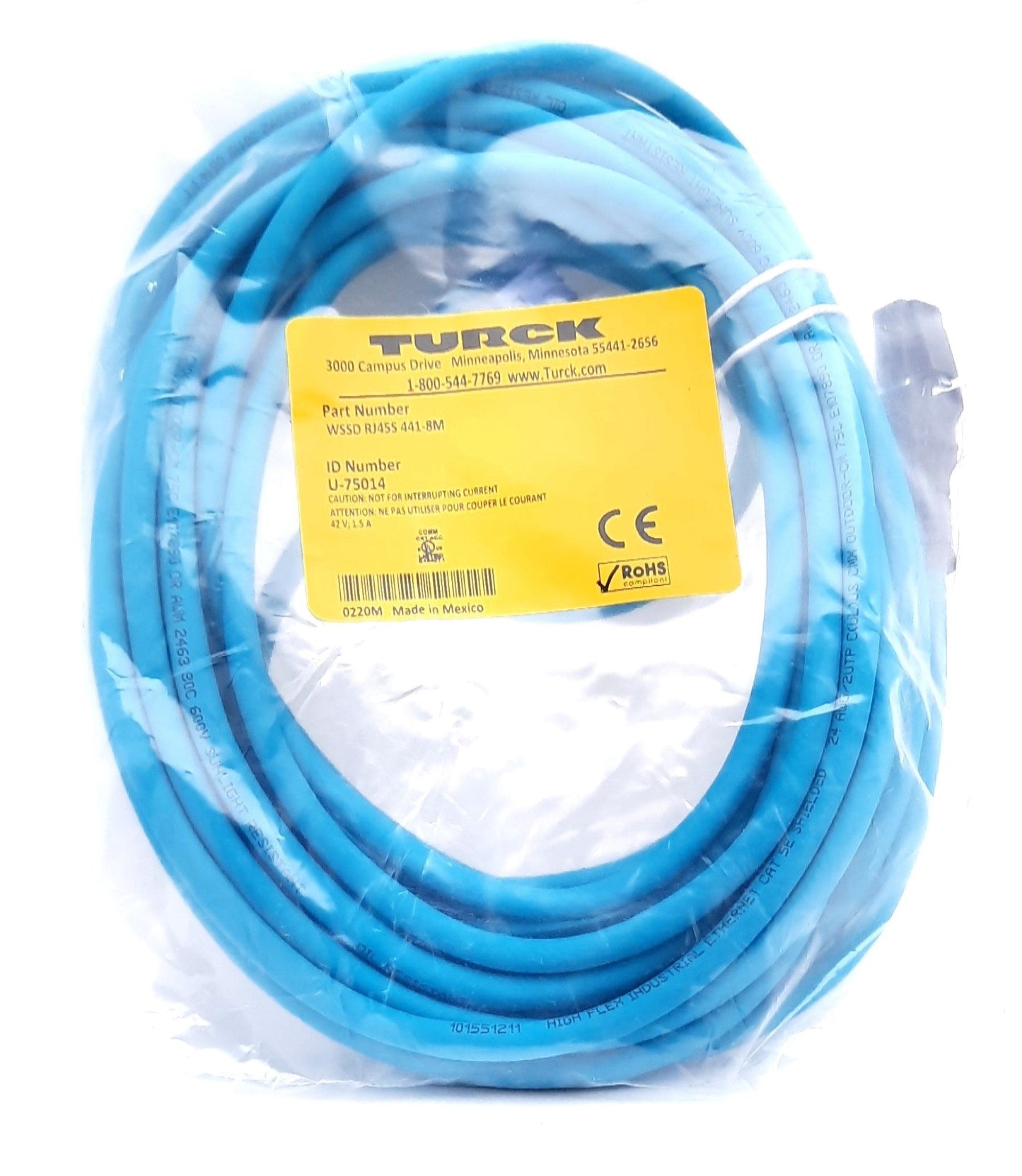 New Turck WSSD RJ45S 441-8M Cordset Ethernet RJ45 to 4 Pin M12 Male Right Angle