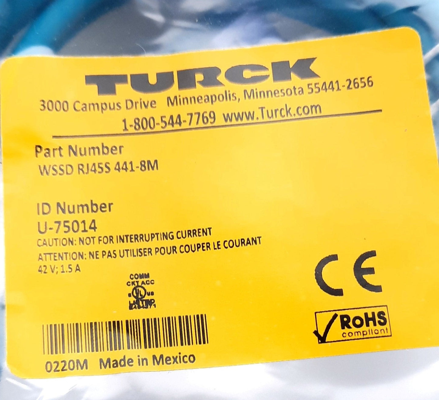 New Turck WSSD RJ45S 441-8M Cordset Ethernet RJ45 to 4 Pin M12 Male Right Angle