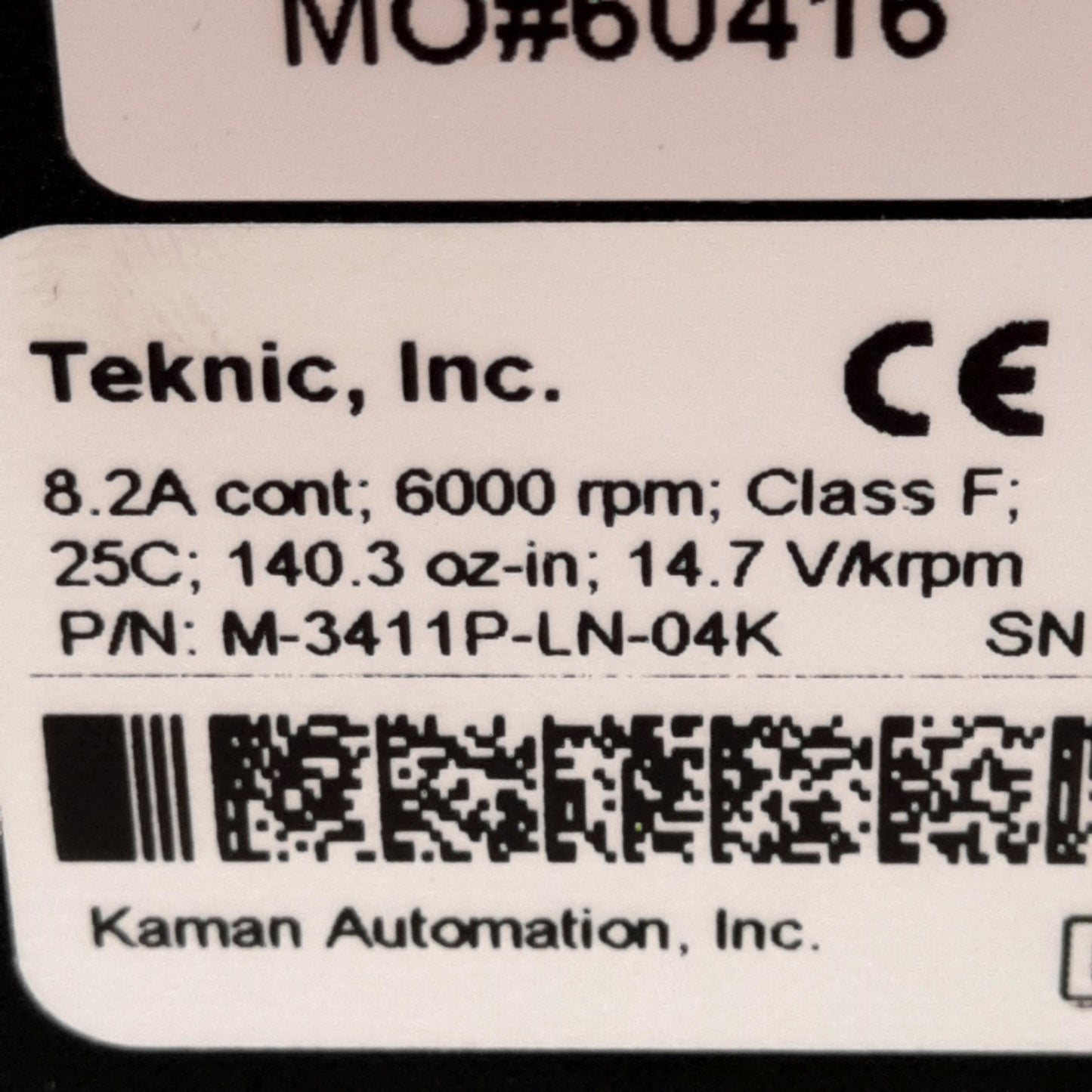 New Teknic M-3411P-LN-04K Servo Motor 14.7V/krpm 8.2A, 6000rpm, 140.3oz-in, NEMA 34