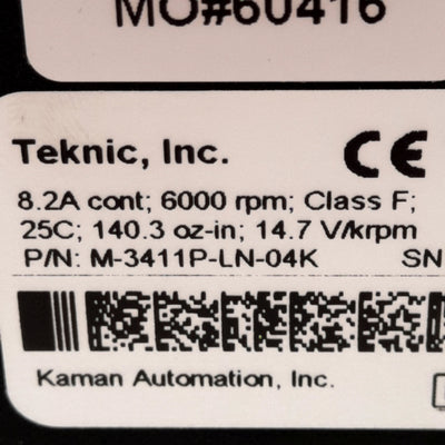 New Teknic M-3411P-LN-04K Servo Motor 14.7V/krpm 8.2A, 6000rpm, 140.3oz-in, NEMA 34
