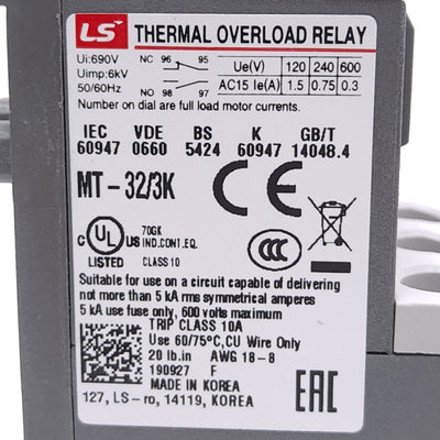 New LS Electric MT-32/3K Thermal Overload Relay, 3-Pole, 5-8A, N/O & N/C Auxiliary