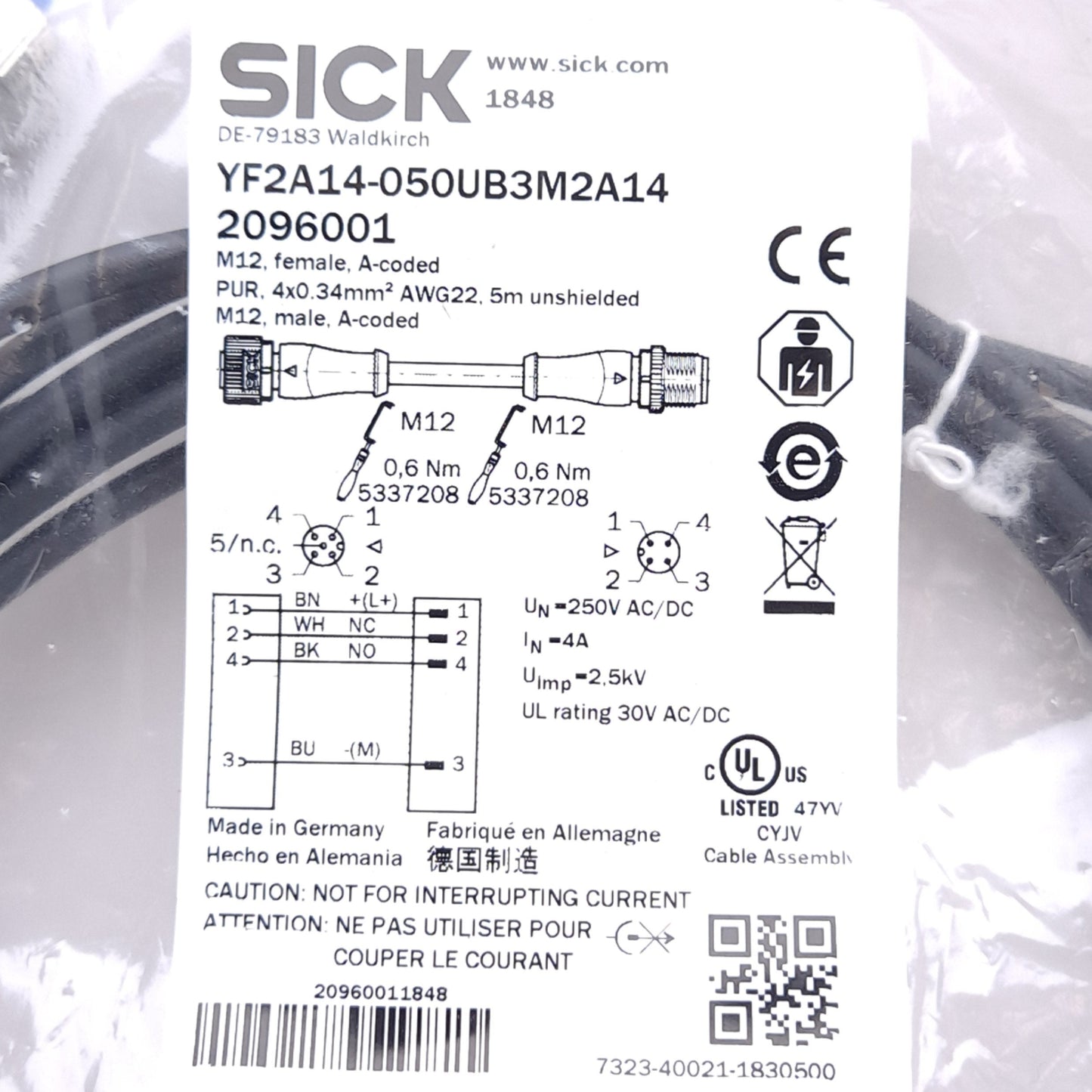 New SICK YF2A14-050UB3M2A14 2096001 Cable, M12 4-Pin Male to M12 4-Pin Female, 5m