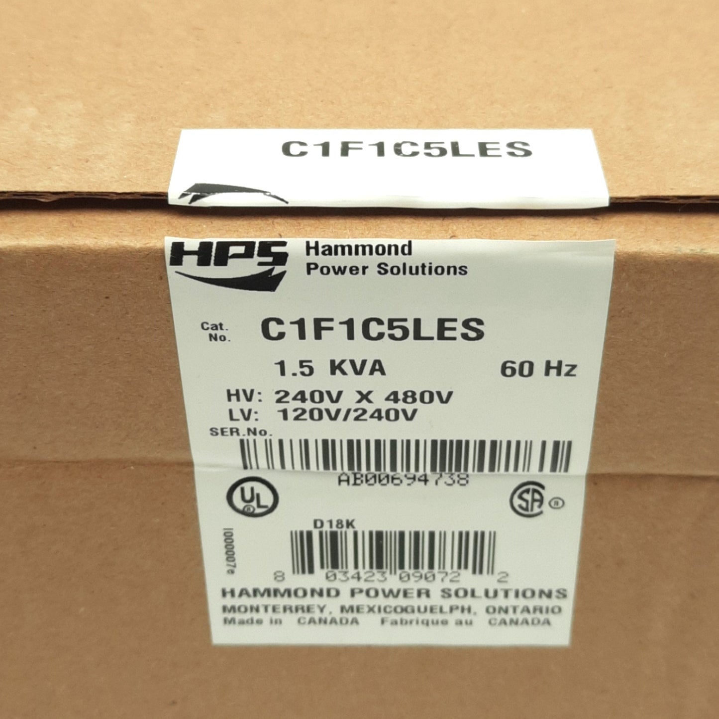 New Hammond C1F1C5LES Power Transformer 1-PH, 240/480VAC Primary, 120/240VAC 2ndary
