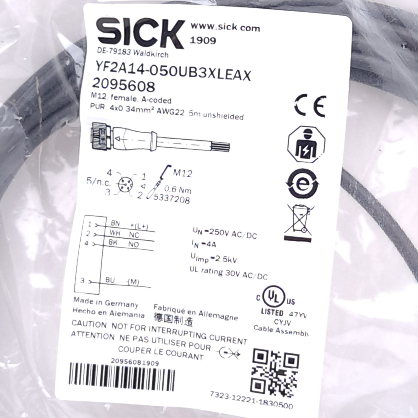 New SICK YF2A14-050UB3XLEAX 2095608 Cable, M12 4-Pin Female to Flying Leads, 5m