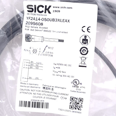New SICK YF2A14-050UB3XLEAX 2095608 Cable, M12 4-Pin Female to Flying Leads, 5m