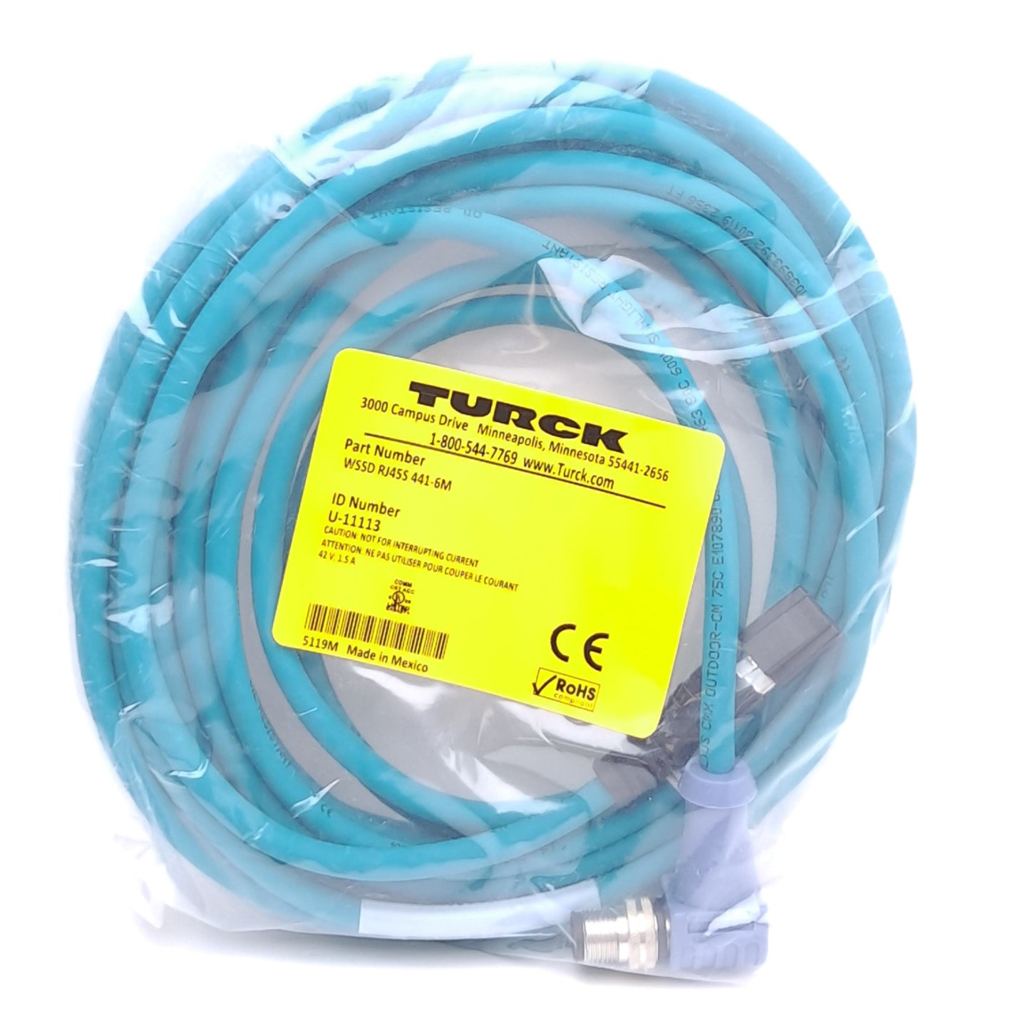 New Turck WSSD RJ45S 441-6M U-11113 Ethernet Cordset 90° M12 4-Pin Male to RJ45 Male