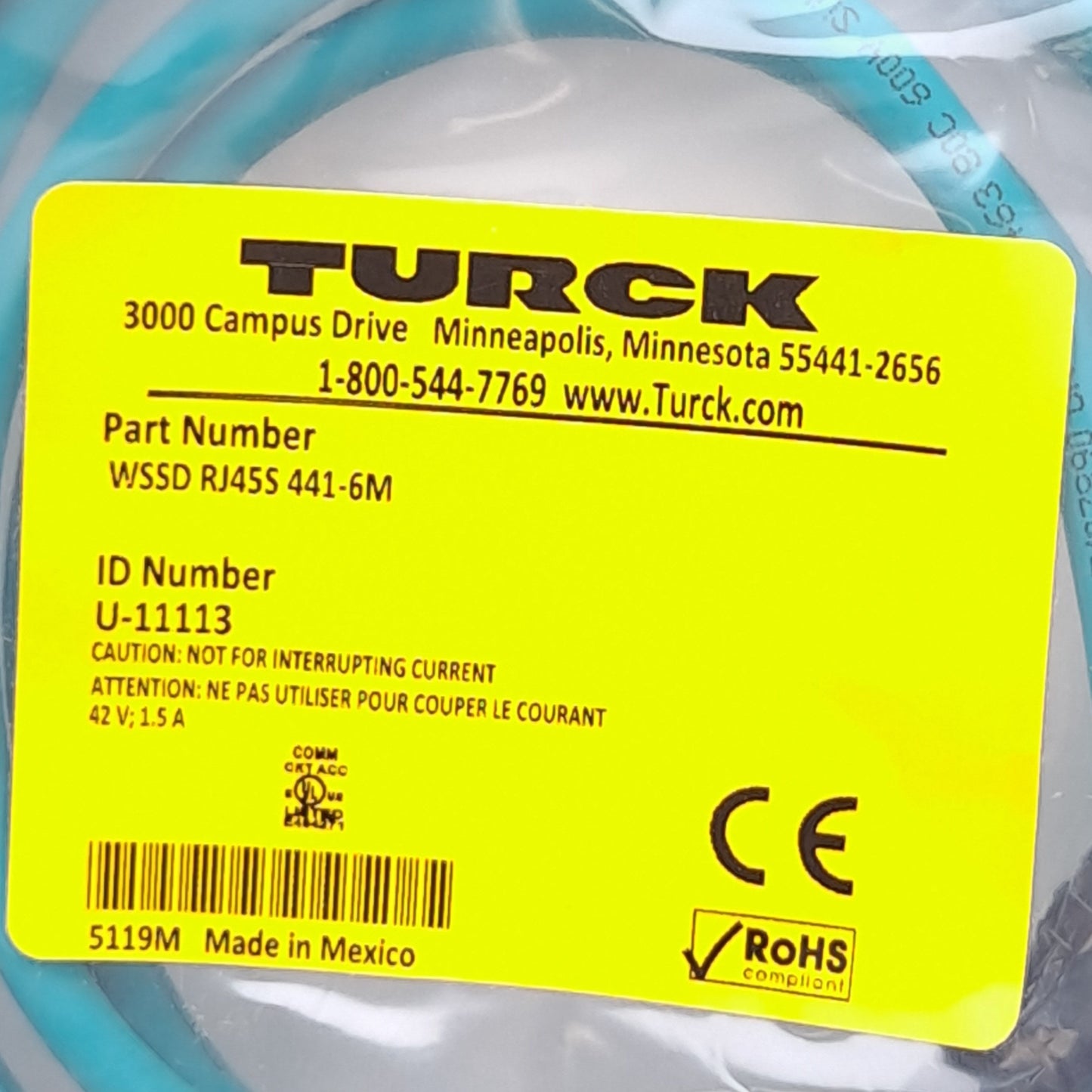 New Turck WSSD RJ45S 441-6M U-11113 Ethernet Cordset 90° M12 4-Pin Male to RJ45 Male
