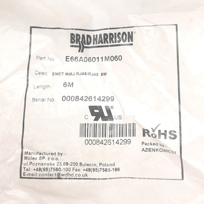 New Molex E66A06011M060 Ethernet Double-Ended RJ45 Cordset, 22 AWG, 6m, Shielded PUR