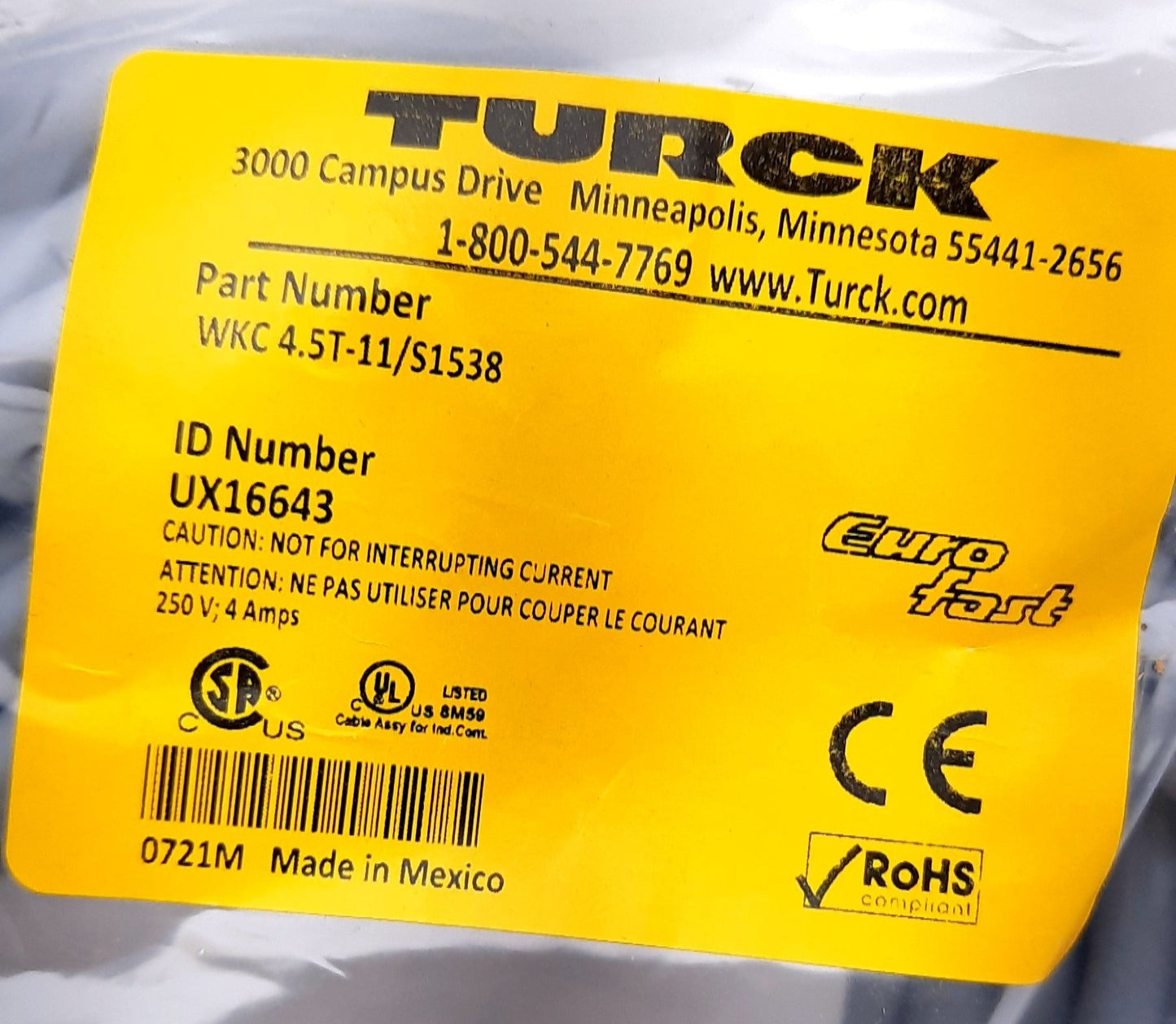 New Turck WKC 4.5T-11/S1538 Actuator and Sensor Cordset M12 Eurofast Female 5 Pin