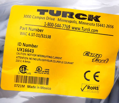 New Turck WKC 4.5T-11/S1538 Actuator and Sensor Cordset M12 Eurofast Female 5 Pin