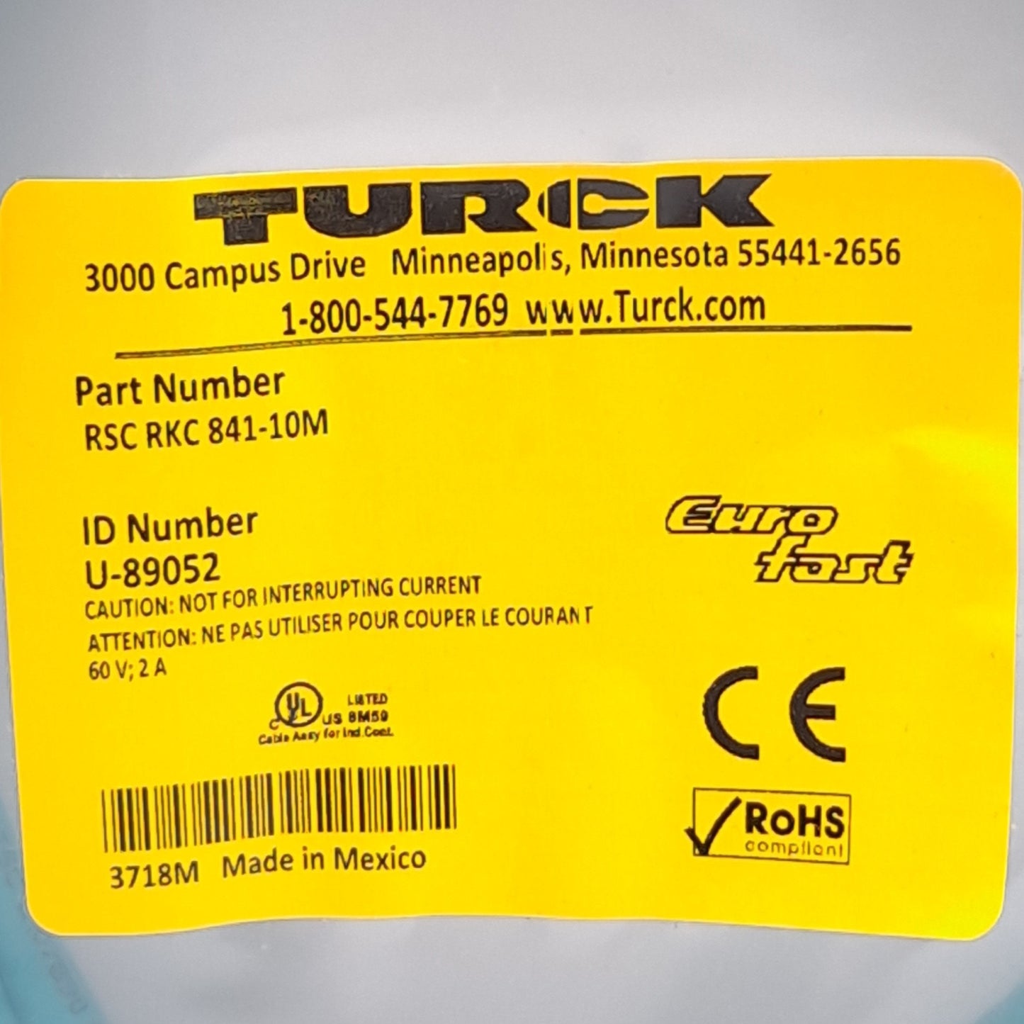 New Turck RSC RKC 841-10M U-89052 Cordset, M12 8-Pin Male/Female, 10m Length