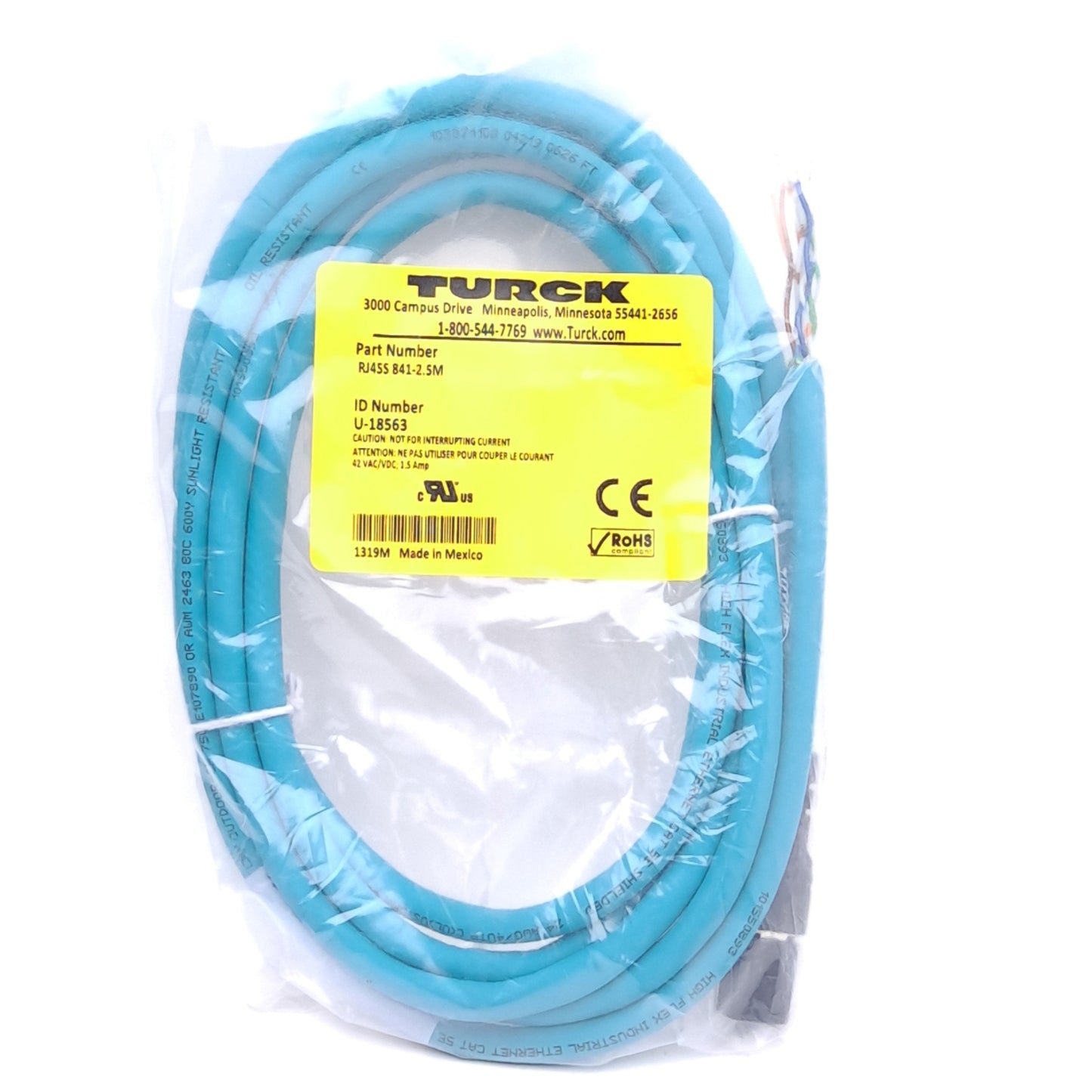 New Turck RJ45S 841-2.5M U-18563 Ethernet Cable, RJ45 Male to Flying Leads, 2.5m