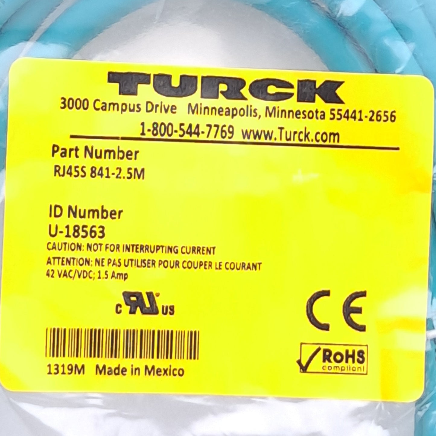 New Turck RJ45S 841-2.5M U-18563 Ethernet Cable, RJ45 Male to Flying Leads, 2.5m