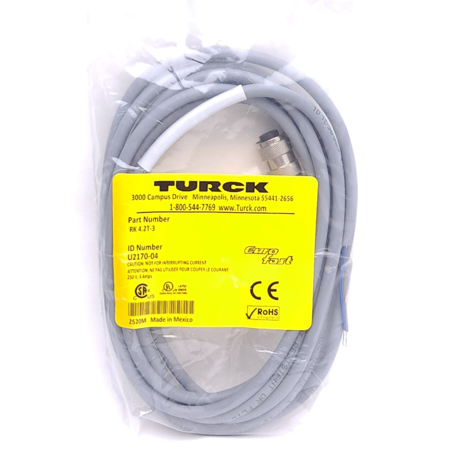 New Turck RK 4.2T-3 U2170-04 Cable, M12 4-Pin Female to Flying Leads, 3m Length