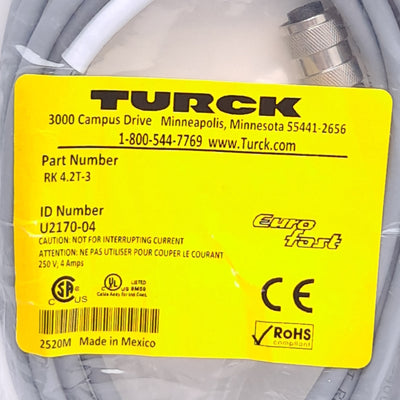New Turck RK 4.2T-3 U2170-04 Cable, M12 4-Pin Female to Flying Leads, 3m Length