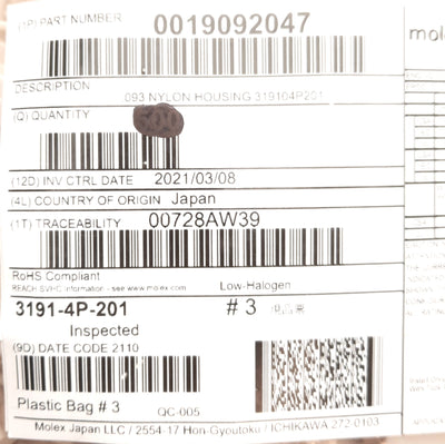 New – Open box Lot of 100 Molex 0019092047 3191-4P-201 Connector Housing Plug, 4-Pos, 6.71mm
