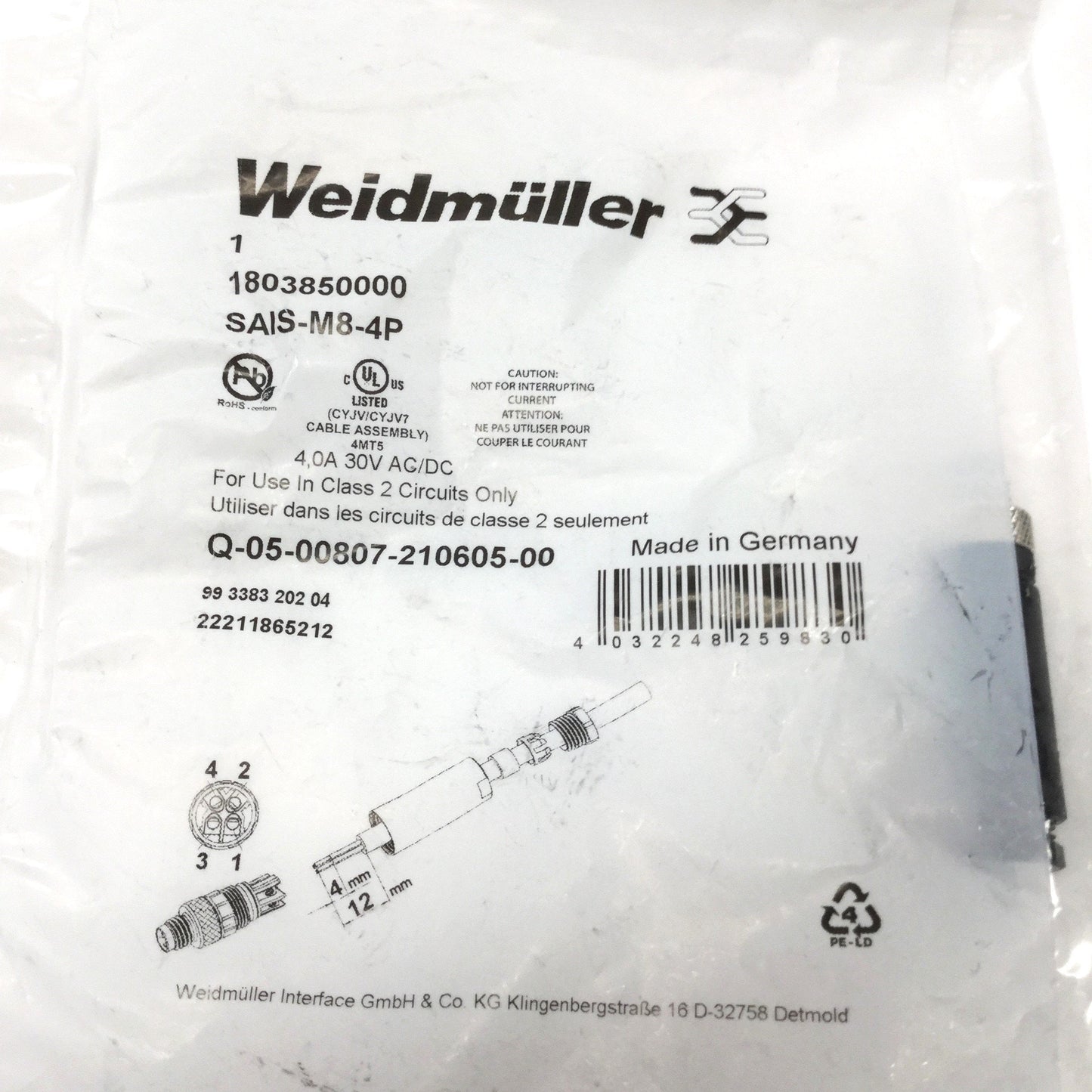 New Lot of 3 Weidmuller 1803850000 SAIS-M8-4P Field Attachable Connector, 4-Pin Male