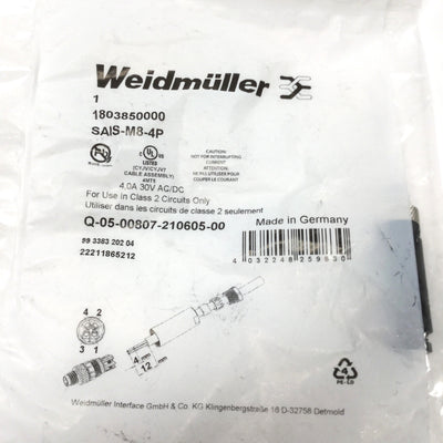 New Lot of 3 Weidmuller 1803850000 SAIS-M8-4P Field Attachable Connector, 4-Pin Male